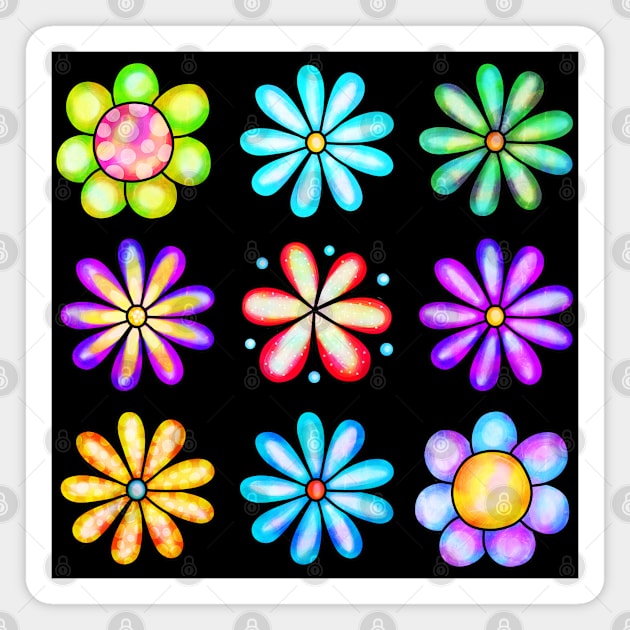 Doodled Flowers, Pretty Fleurs, Colorful Petals Array Magnet by Luxinda